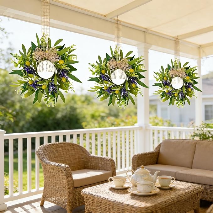 6 PCS Green Eucalyptus Olive Swag Wreaths for Pillars Spring Summer Greenery Kitchen Cabinet Wreaths Mini Green Boxwood Leaves Wreath with Ribbon for Front Door Porch Wall Window Farmhouse Decoration