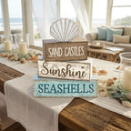 Yuntau 4 Pcs Summer Decorations for Home Beach Shells Wooden Tabletop Decor Summer Tiered Tray Decor Rustic Sand Castles Sunshine Seashells Block Sign Centerpiece Farmhouse Table for Shelf Office