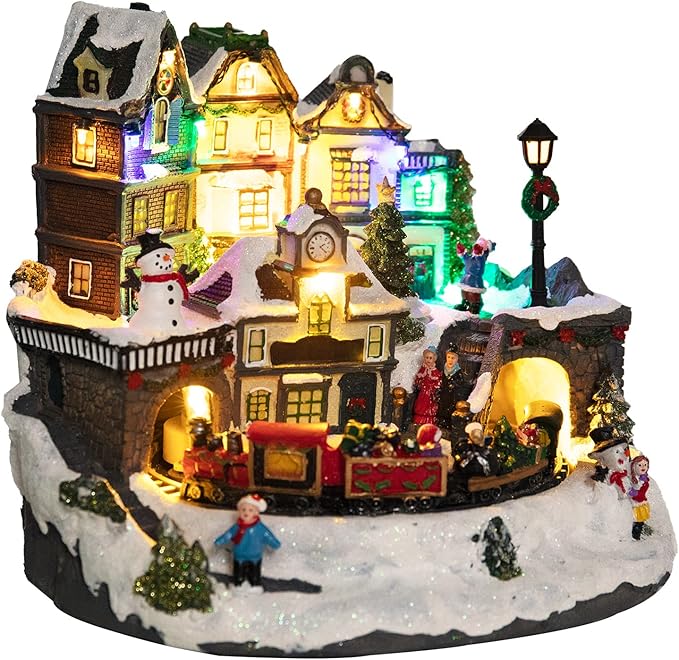 MUMTOP Christmas Village House Decoration, Colourful LED Lights Light Up Bell Tower and Buildings, Rotating Christmas Trees with Music for Indoor Holiday Xmas Tabletop Decor