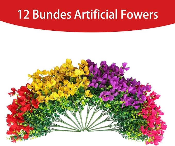 Artificial Faux Plants Flowers Outdoor Spring Summer Decoration, 12 Bundles Fake Silk Colorful Daisy Eucalyptus Realistic UV Resistant for Outside Home Planter Porch Yard Decor (Mix)