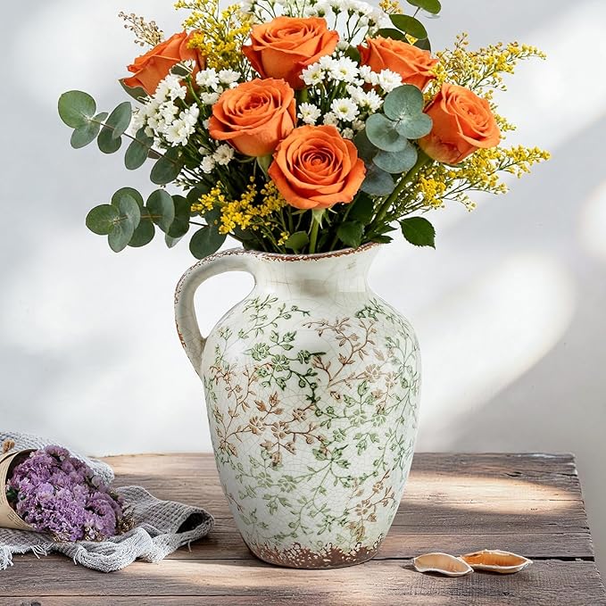 Enra Vintage vase,Ceramic Chinoiserie Floral Vase,Green and Beige Decorative Flower vase,Large Rustic Vases for Home Decors, Living Room, Bookshelf, Office，9.7 inch