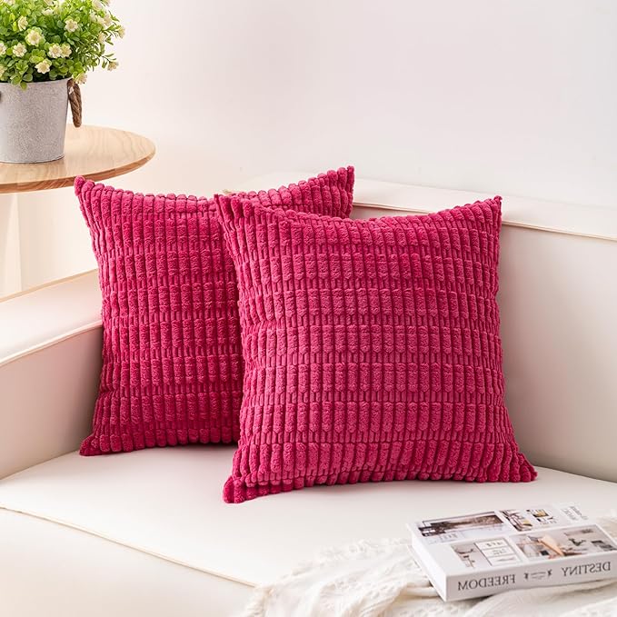 Aegero Pack of 2 Corduroy Decorative Throw Pillow Covers 22x22 Inch Soft Striped Pillow Covers Modern Farmhouse Home Decor for Sofa Living Room Couch Bed（Rose Red）