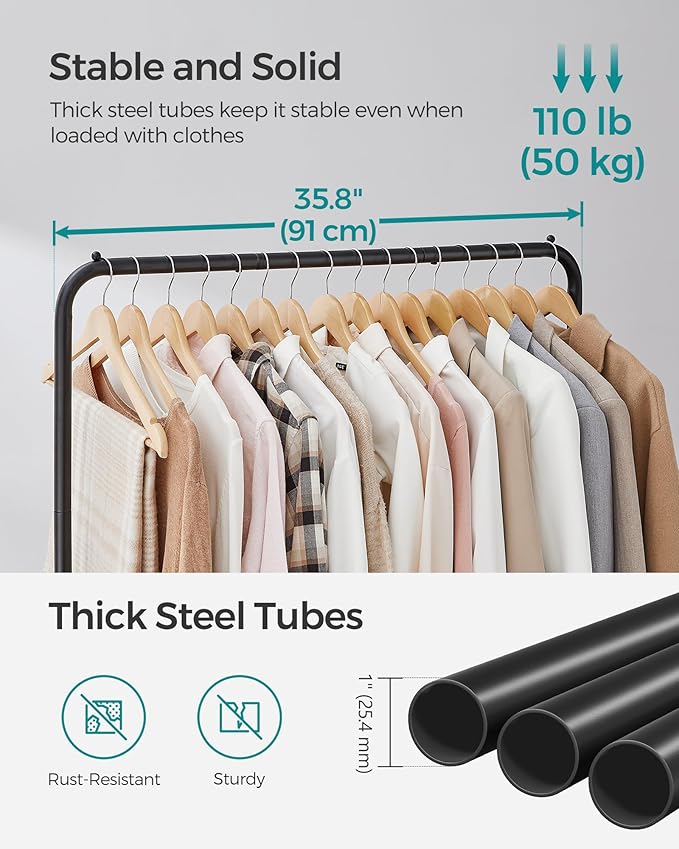SONGMICS Clothes Rack with Wheels, Double-Rod Clothing Rack for Hanging Clothes, 25.4mm Metal Garment Rack with Dense Mesh Storage Shelf, 110 lb Load Capacity, 2 Brakes, Black UHSR027B01