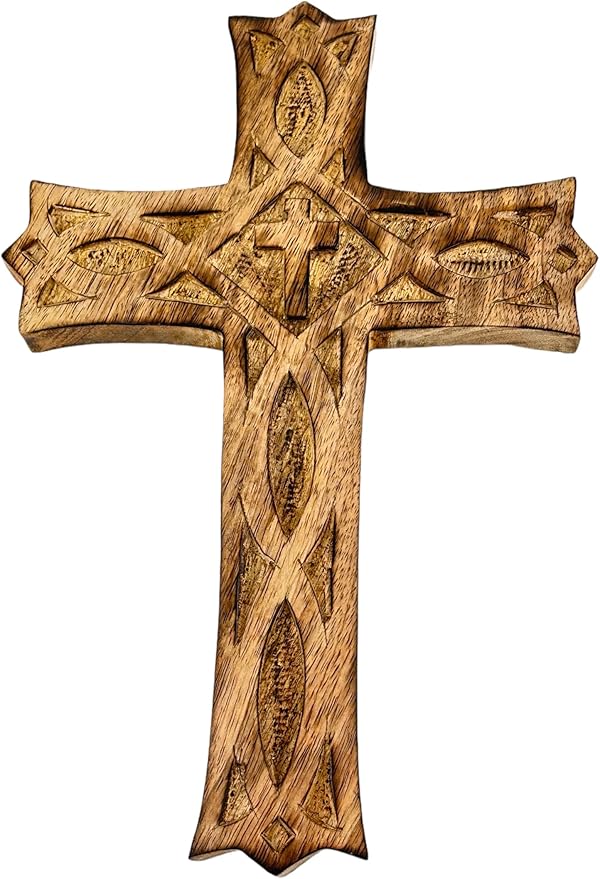 Wooden Cross 12 Inches Handmade Catholic Crucifix Wood Wall Cross Christians Spiritual Hanging Ornament Church Wall Decor For Home Office Living Room Long Hand Carved Ideal Christmas Gift for Women