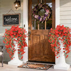 Artificial Hanging Flowers for Outdoors, 4 PCS UV Resistant Faux Plants Silk Realistic 150 Morning Glory Each Vines, Fake Plastic Floral for Garden Patio Spring Summer Decor, Red