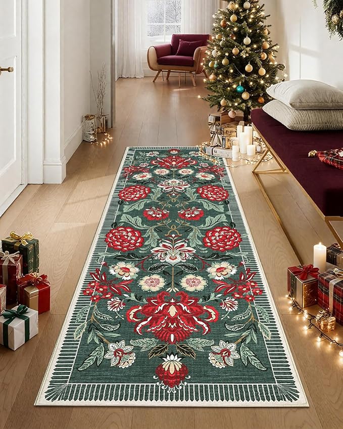 GarveeHome Floral Botanical 2x6 Washable Kitchen Runner Rugs Non Slip Grey Green Vintage Boho Cottage Long Rug for Hallways Bedroom Entryway Bathroom Mat with Rubber Back