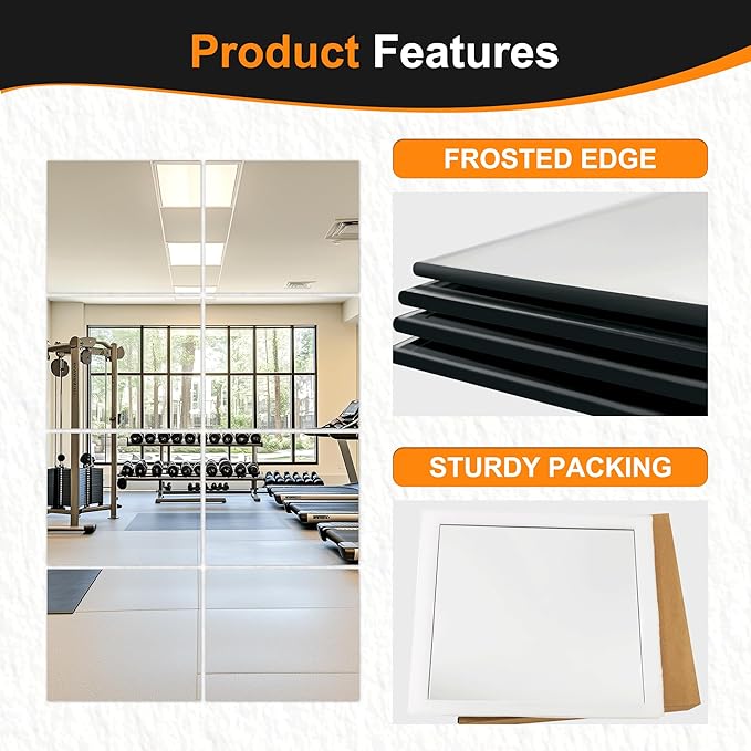 Delma Frameless Mirror Tiles 14"x12"x8 Pcs Wall Mounted, Shatter Resistant Full Length Tempered Glass Panels for Home Gym Bathroom Bedroom & Living Room Decor