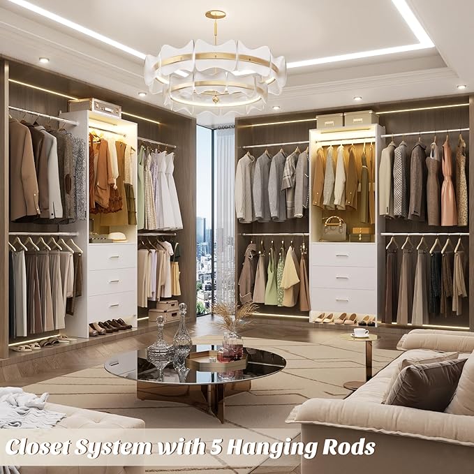 Aheaplus Closet System with Motion-Sensing Light, 3 Wooden Drawers and 4 Hanging Rods, Customizable Walk-in Closet Organizer with 3CCT LED, Heavy Duty Garment Rack for Bedroom, White