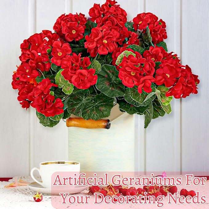 Artificial Geraniums Flowers for Outdoors Spring Decor, Fake Flowers 4 Bundles UV Resistant Fake Geraniums Flowers Silk Faux Plants for Home Planter Gardens Table Patio Porch Hanging Summer Decor(Red)