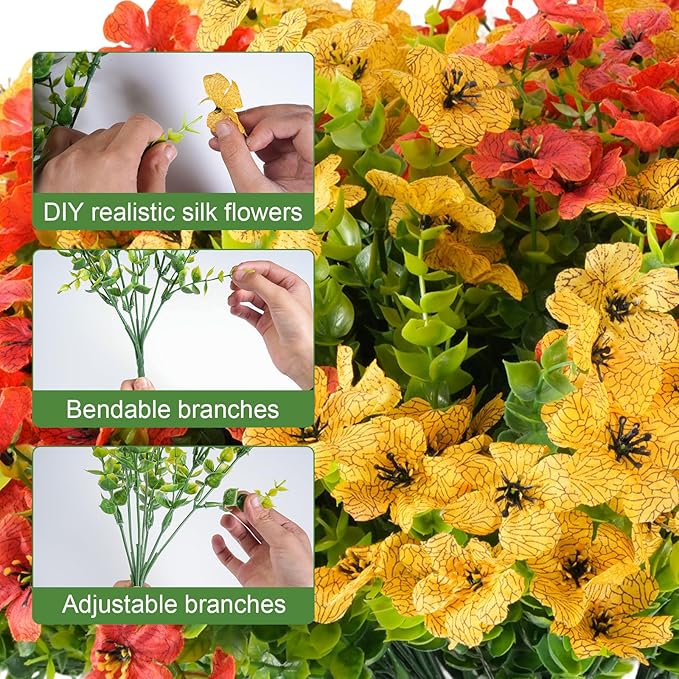 24 Bundles Artificial Fall Flowers for Outdoor Realistic Faux Flower Garden Home Decoration,Hanging Autumn Fall Decor Daisy with Eucalyptus Leaves Fake Plants Greenery Porch Patio Front Door Decors