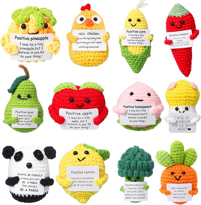 HunnmingRe 12 Pcs Cute Crochet Doll with Positive Card Soft Wool Animals Creative Knitting Dolls for Positive Support Inspirational Birthday Encouragement Gift(Mushroom Style)