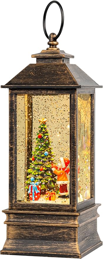 Christmas Snow Globe Lantern Water Glittering Christmas Tree Gifts with Music & Timer, USB Lined/Battery Operated Lighted Lantern for Christmas Festival Decorations