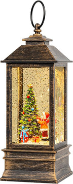 Christmas Snow Globe Lantern Water Glittering Christmas Tree Gifts with Music & Timer, USB Lined/Battery Operated Lighted Lantern for Christmas Festival Decorations