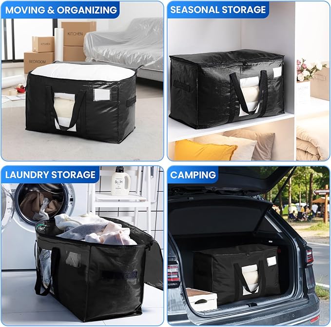 TAILI Extra Large Moving Bags, 12 Pack Black Heavy Duty Totes For Storage with Visible Window, Wrap Around Handles, Storage Bags for Space Saving, Alternative to Moving Boxes