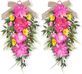 2 Pcs Pink Teardrop Swag Wreaths for Front Door 23.6" Hydrangea Floral Swag Wreath with Dahlia Tulip Summer Spring Swags for Front Door Porch Wall Window Farmhouse Decorations