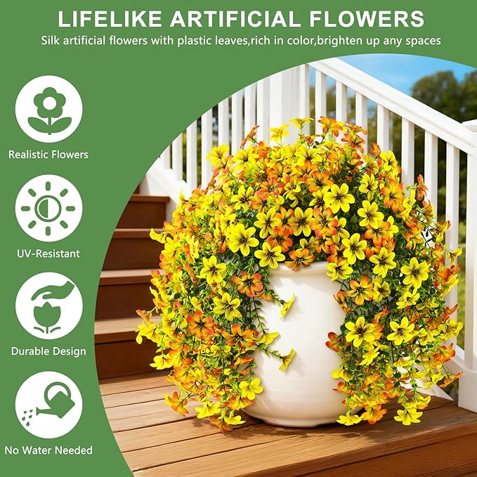 INQCMY Artificial Flowers for Outdoor Faux Hanging Plants Spring Outside Decoration,2Bundles Fake Silk Flowers Realistic Outdoor Flowers No Fade UV Resistant Porch Patio Window Yard Balcony Decor