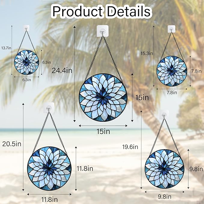 Stained Glass Suncatcher, Blue White Multi-Petal Flowers Sun Catcher Landscape Stain Glass Window Hanging Decoration Mother's Day Birthday Gifts for Women Men Mom Nana 7.8 in