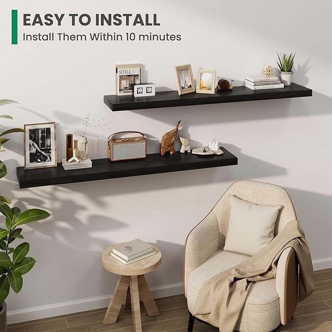 Solid Wood Floating Shelves For Wall, 55”W x 9”D x 1.56”H Large Wall Shelves for Living Room Bedroom Bathroom Kitchen Drcor Storage with Invisible Heavy-Duty Metal Bracket, Carbonized Oak, 2 Pack