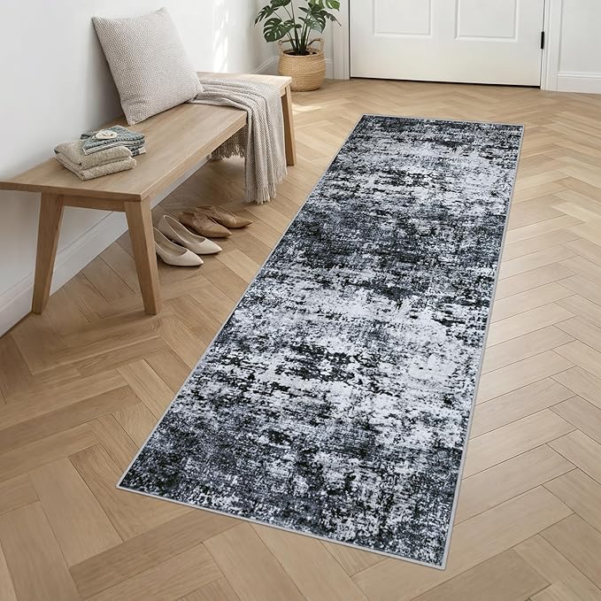 2.6'x10' Runner Rug Washable Rug: Modern Abstract Soft Thin Runner Rug Black