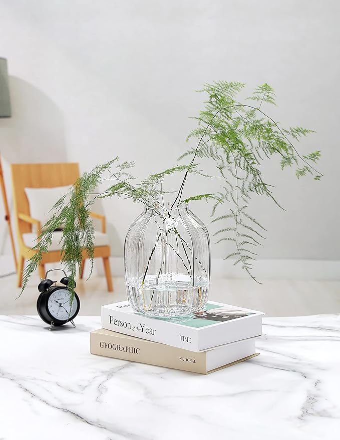 Large Clear Glass Ribbed Vase - 8.0" Decorative Tall Vase for Home Table Centerpieces and Farmhouse