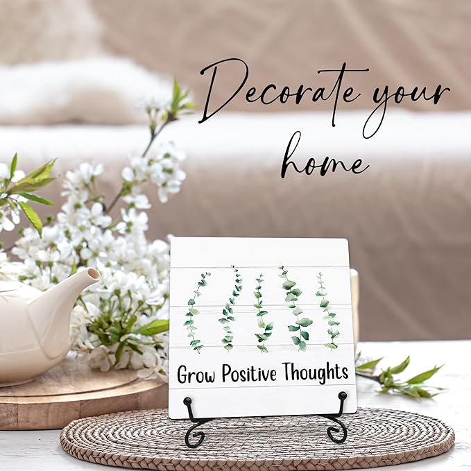 Grow Positive Thoughts Wooden Sign - 5" Inspirational Quotes Wooden Plaque With Metal Support - Greenery Rustic Tabletop Home, Office, Classroom Decor - Housewarming Gifts For Family & Friends - A03