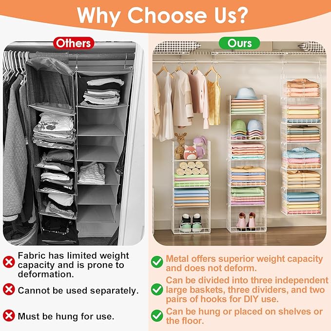 6 Tier Raised-Height Hanging Closet Organizer, Stackable Sweater Organizer for Closet, Wire Storage Basket Bins for Clothes Purse Shoes, Hanging Shelves with 4 Hooks & 3 Dividers Adjustable