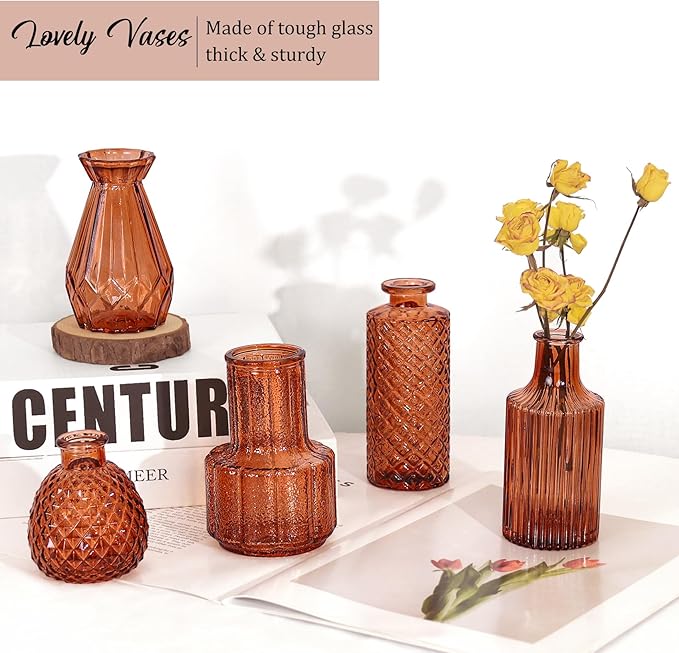 36Pcs Bud Vases Set Small Vintage Glass Bottles Bud Vases in Bulk Multiple Shape Cute Glass Vases for Rustic Wedding Centerpieces Table Decorations and Home Decor (Dark Amber)
