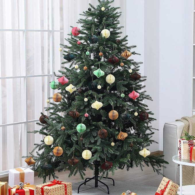 TecUnite 50 Pcs Christmas Paper Honeycomb Ornaments for Tree Vintage 3D Mini Glitter Edge Paper Christmas Ornament Honeycomb Tree Hanging Neutral Boho Holiday Xmas Party Decoration(Brown)