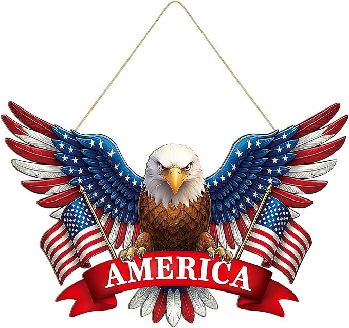 Wooden 4th of July Decoration Door Wreath for Front Door Sign America Eagle Wall Signs,250 Anniversary Independence Day Patriotic Day Wreath Welcome Memorial Day Hanging for Home Party Outdoor Indoor
