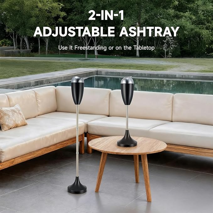 CO-Z Adjustable Ashtray, Smokeless Odorless Indoor Outdoor Floor Standing Ash Tray with Lid for Home Patio Cigarettes Ash Butt Disposal, Windproof Balcony Ashtray in 20", 27.5", 35" Heights, Black