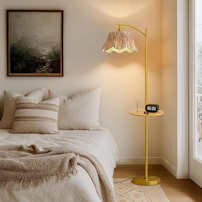 Oneach Floor Lamp with Table for Bedroom, Boho Standing Lamps with Foot Switch, Farmhouse Floor Lamp for Living Room, Arc Rattan Lamps with Gold Metal Base & Pole, Ideal for Home Décor