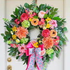 Spring Wreaths for Front Door 24 Inch Outdoor Spring Wreath with Pink Bow– Handmade Peach Dahlia & Garden Rose Summer Wreaths for Front Door,Farmhouse Home,Porch,Wall,Window Decor