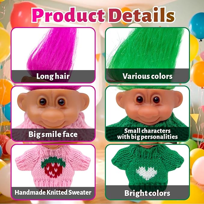 Retro Vintage Lucky Troll Dolls Assorted Hair Colors Chromatic Adorable for Collections, School Project, Arts and Crafts, Party Favors (Green)