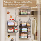 Sonyabecca 3-Tier Extra Large Closet Hanging Organizer with Dividers, Clothes Hanging Shelves with 2 Hanging Hooks & 5 S-Hooks, Wire Storage Baskets for Sweaters, Shoes, Handbags & Accessories