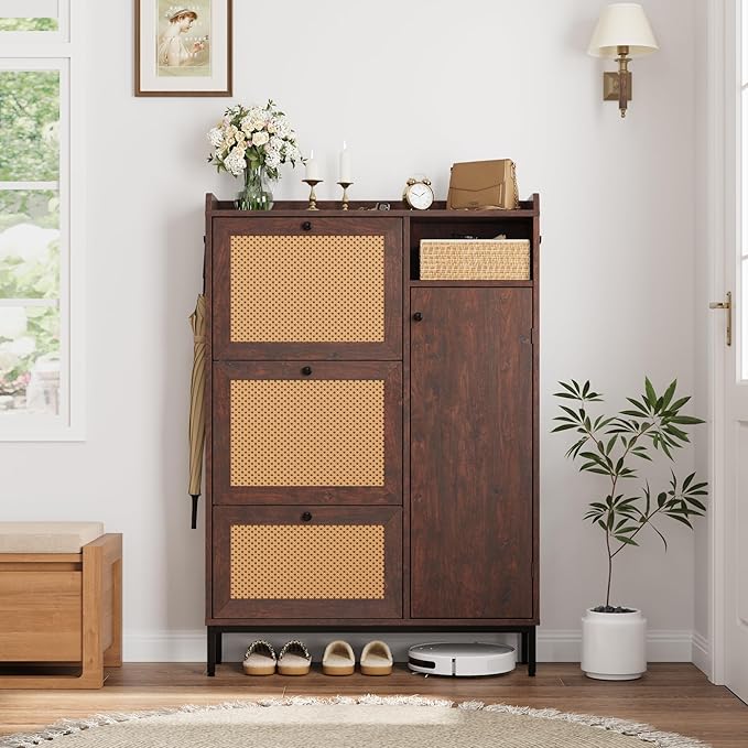 GarveeHome Shoe Cabinet Rattan with 3 Flip Drawers and 4-Tier Shoe Storage Cabinet, Freestanding Shoe Organizer with Adjustable Shelves for Entryway, Closet, Hallway