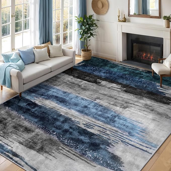 Ciicool Modern Abstract Rug for Living Room, 5'x7' Machine Washable Area Rug Non-Slip Rug, Low-Pile Contemporary Indoor Dining Floor Carpet for Bedroom Office Under Table Home Decor Navy Grey