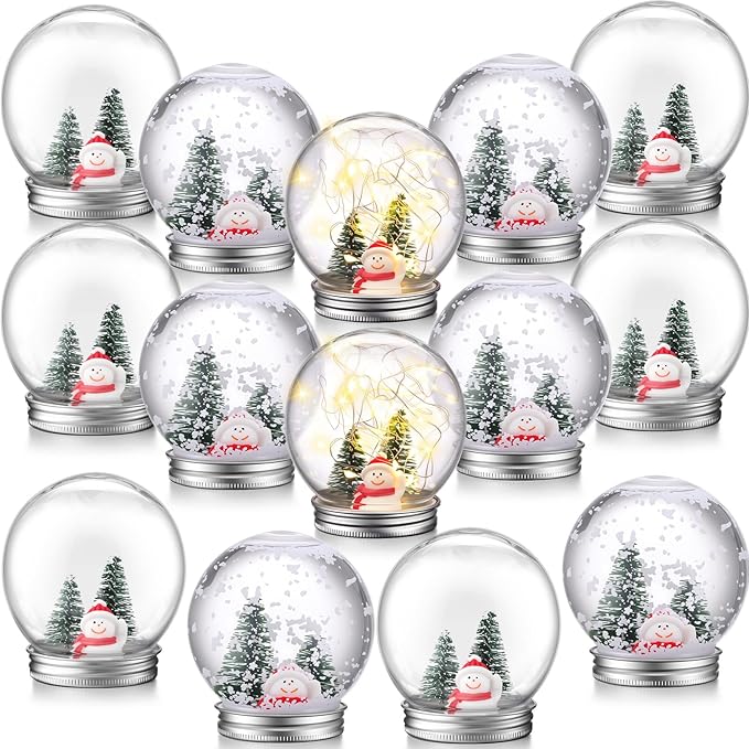 Jerify 16 Sets 3.58 Inch Christmas Plastic Clear Snow Globes Kit Water Globe with Screw Off Cap Artificial Christmas Trees Small Snowman Snowflakes for DIY Snow Globes Home Decoration Crafts (Cute)