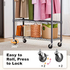 Heavy Duty Rolling Garment Rack 3 Tiers Adjustable Wire Shelving Clothes Rack with 1 Rods and Side Hooks,Storage Closet Clothing Rack with Wheels Black 15.7" D x 45.3" W x 75.6" H