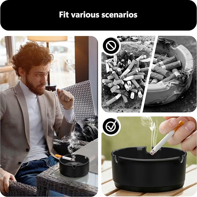 roygra Ash Tray (5 Pack), Outdoor Ashtray for Outside Patio, Resin Ashtrays for Cigarettes with 3 Holder, Smoking Accessories, Home Décor, Stackable Ashtrays for Smokers Indoor - Black