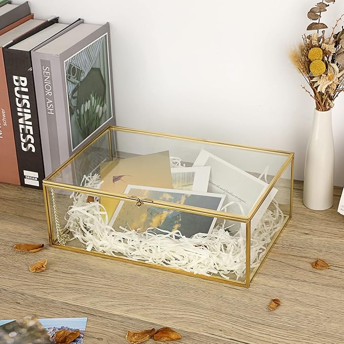 Hipiwe Vintage Glass Keepsake Box - Rectangle Jewelry Display Organizer, Vanity Lidded Home Decor Accent for Storage Trinket Rings Bracelet Rock - X-Large