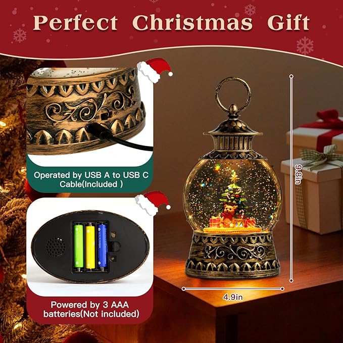 Christmas Snow Globe, Gift Bear Musical Snow Globe Lantern Lights with 6H Timer Battery & USB Powered, Retro Style Holiday Glitter Globe for Xmas Home Decoration Holiday Party Gifts