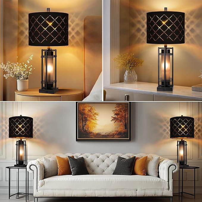 Modern Table Lamp Set of 2, Nightstand Lamps with Black Grid Shade, Bedside Lamps with USB A+C Charging Ports, Decorative Table Lamp, Square Base, Desk Lamps for Living Room, Bedroom, 2 Bulbs Included