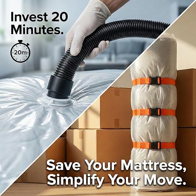 Memory Foam Mattress Vacuum Bag, Heavy-Duty Mattress Storage Bag for Moving and Transport, Mattress Compression Bag with Straps & Dual-Zip Seal (Orange Straps, Queen/Full-XL)