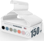 Neaties Plastic Hangers 100+ Pack (150 Count) – Made in The USA – 6lb Capacity Standard Clothes Hangers with Notches and Reinforced Edges for Dresses, Lingerie, Shirts, Pants, and Jackets – White