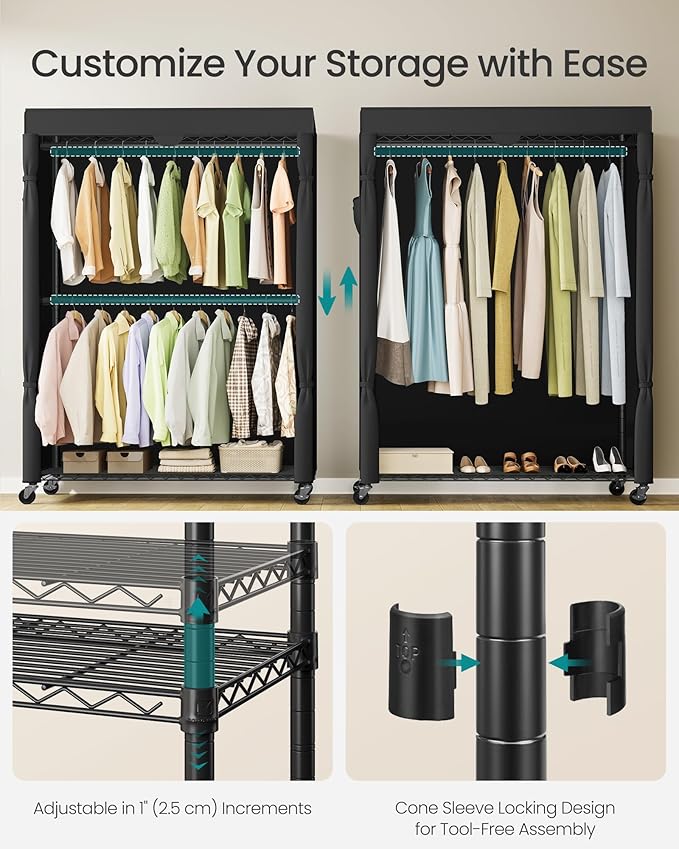 SONGMICS Heavy-Duty Rolling Clothes Rack, Garment Rack, Portable Closet on Wheels, with Adjustable Mesh Shelves and Hanging Rails, Fabric Cover, 15.8 x 43.3 x 78.3 Inches, Ink Black ULGR419BH01