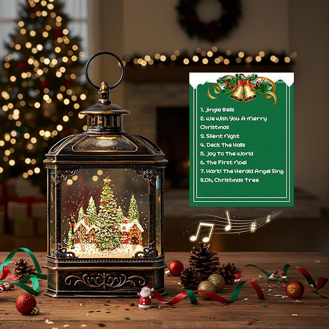 Christmas Snow Globe Lantern Water Glittering Xmas Village with Music & Timer, USB Lined/Battery Operated Lighted Lantern for Christmas Festival Decoration Gifts
