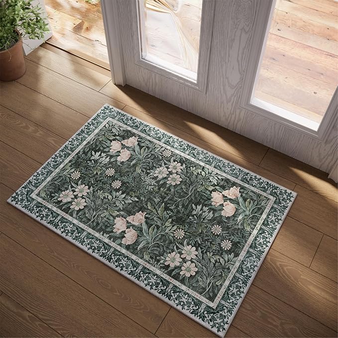 Washable Entry Vintage Floral with Ornate Border Rug 2x3 - Front Door Rugs Indoor, Non-Slip Bathroom Small Rugs, Vintage Floral Style Rug for Kitchen, Perfect for Entryway Décor