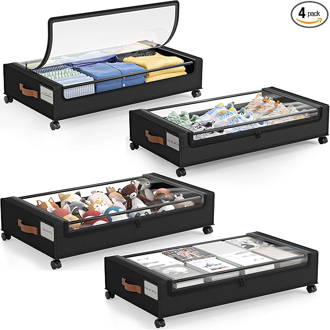 LAMU Under Bed Storage with Wheels, 4 Pack Under Bed Storage Containers with Clear Lid, XXL 60L Underbed Storage Bins, Rolling Under Bed Metal Drawers for Clothes, Blankets, Shoes, Black