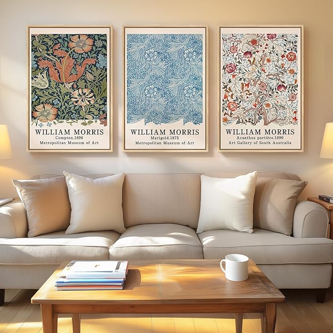 Framed William Morris Wall Art Set of 3, Large Vintage Floral Botanical Canvas Prints, Colorful Nature Artwork for Living Room, Bedroom, Hallway or Office Decor, Total Size 30x60 Inch