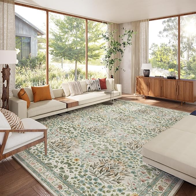 9x12 Washable Area Rug, Soft Non Slip Low Pile Rug for Living Room, Bedroom, Large Dining Room, Vintage Floral Design, Stain Resistant Carpet